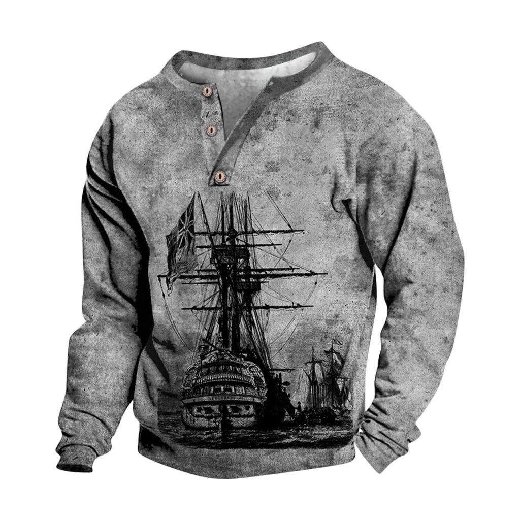 Pullover mit V-Ausschnitt für Herren, 3D-Digitaldruck, Stehkragen, 3 Knöpfe, Vintage-Kragen
