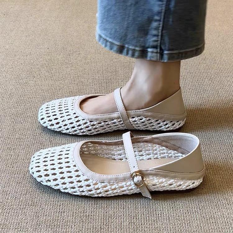 

Sheepskin version~ French literary and artistic style woven hollowed-out outer wear breathable Mary Jane sandals women s word with flat shoes 40