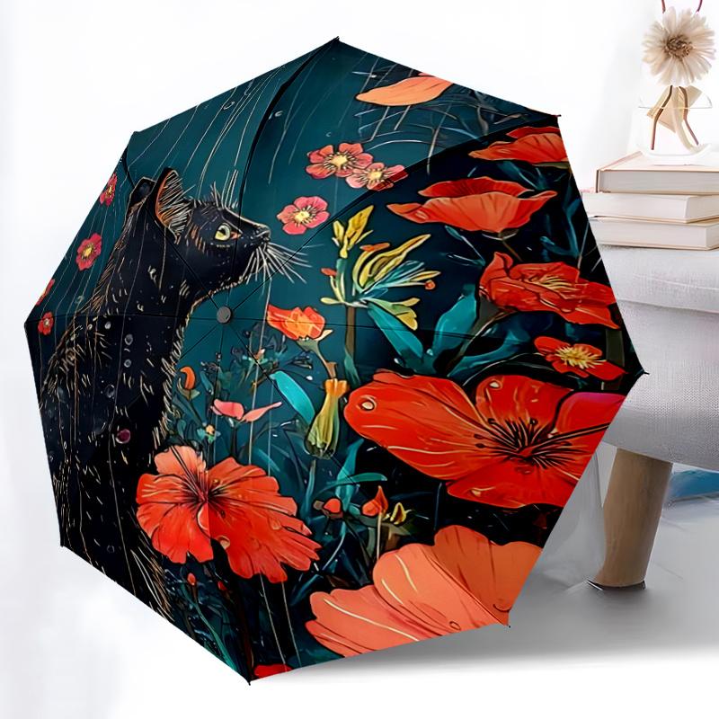 1pc Black Cat with Orange Flowers Automatic Opening/Closing Umbrella, Portable Folding Design, Outdoor Use, Festival Gift for Fans, Travelers, Da