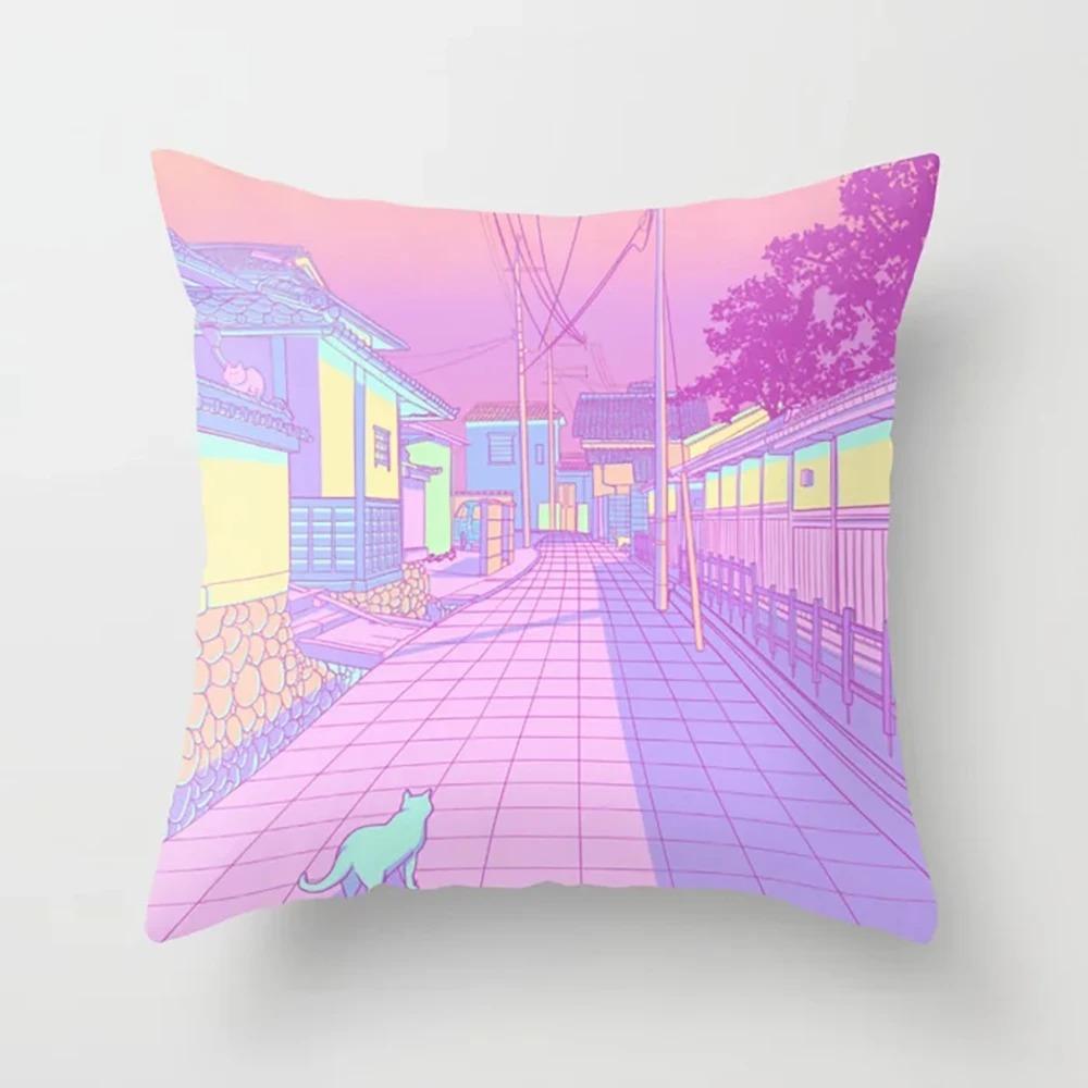 Pink Cartoon City Print Pillowcase Car Ornaments Office Living Room Home Pillowcase