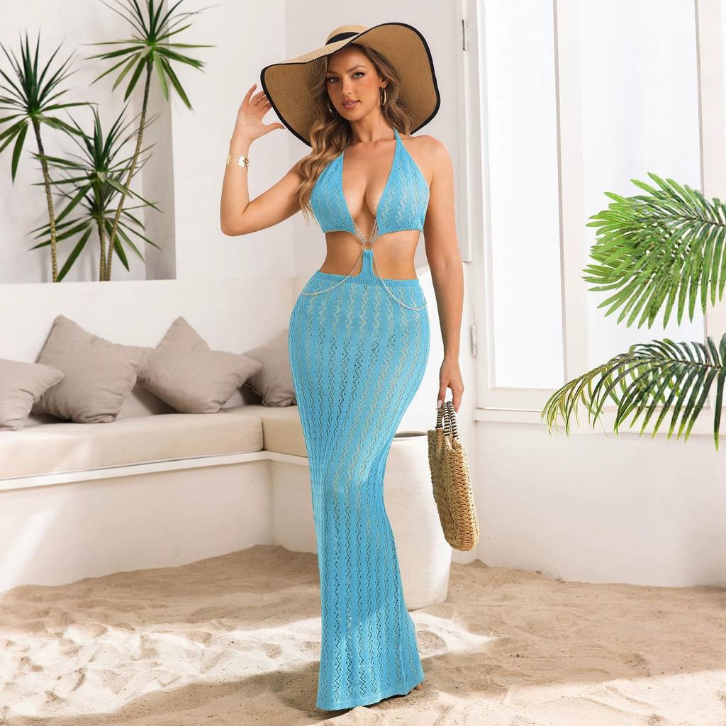 European and American Neck V-neck Knitted Hollow Dress, Women's Backless Waist Hollow Hip Long Dress Is In Stock.