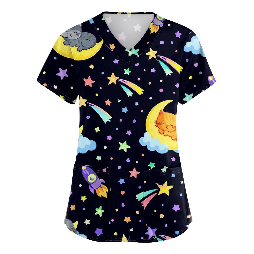 Women's Casual Short-Sleeve Cute Animal Print V-Neck Pocket Workwear Top