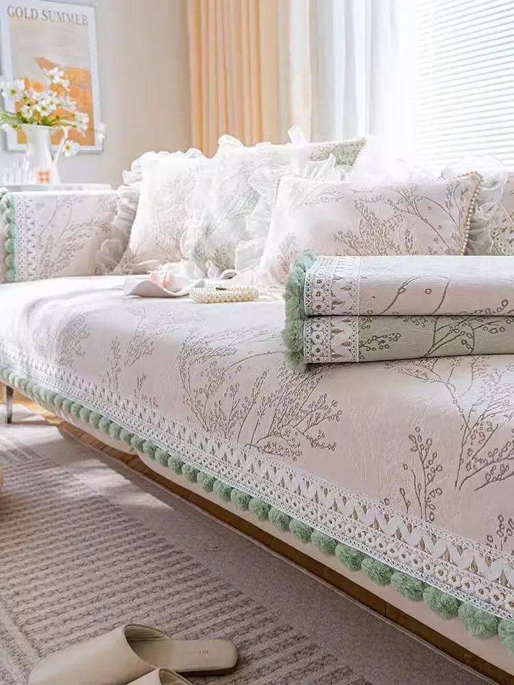 Ball Tassel Sofa Cushion Four Seasons Anti Slip Clean Seat Cushion Mat Plant Flower Light Green Color Daybed Cover Cloth Towel