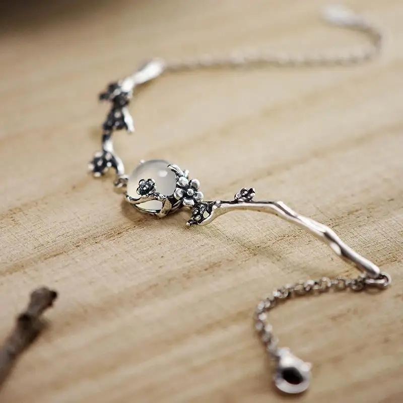 Original new  inlaid moonlight white chalcedony plum blossom bracelet elegant charm creative retro  jeweler