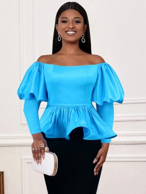 Blusa de festa à noite para mulheres, azul, ombro frio, mangas compridas, lanterna, babados, aniversário, coquetel, evento, ocasião, pulôver, tops peplum