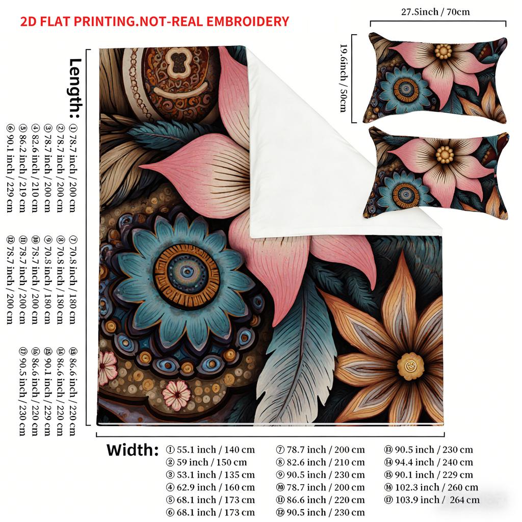 Pillowcase Quilt Cover Three-Piece Set,Retro Ethnic Style Flower Pattern,Exquisite And Elegant,Skin-Friendly And Breathable