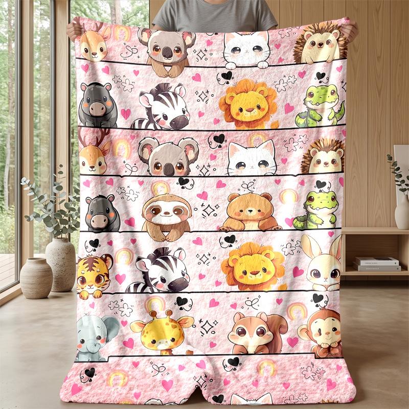 Cute Animal Group with Flowers blanket Personalized Name Flannel Blanket Soft Cozy Plush Throw for Sofa Bed Lightweight Home Decor