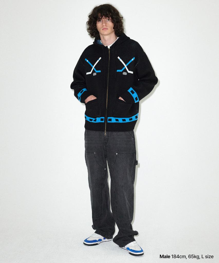 MAHAGRID Hockey Knit Zip-Up Hoodie Black(Mg2Efmk693A)