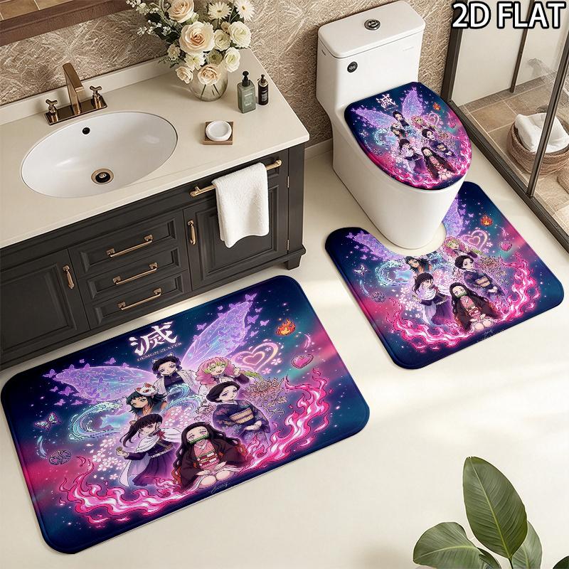 Demon Slayer Art 3Pcs Flannel Toilet Mat Set Bathroom Rug Bath Carpet Non Slip Home Decor Toilet 3 Pcs Bathroom Textile Set
