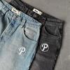 Streetwear Jeans Y2K Mens Pants Harajuku Hip Hop Letter Embroidery Vintage Blue Baggy Jeans High Waist Wide Leg Trouser