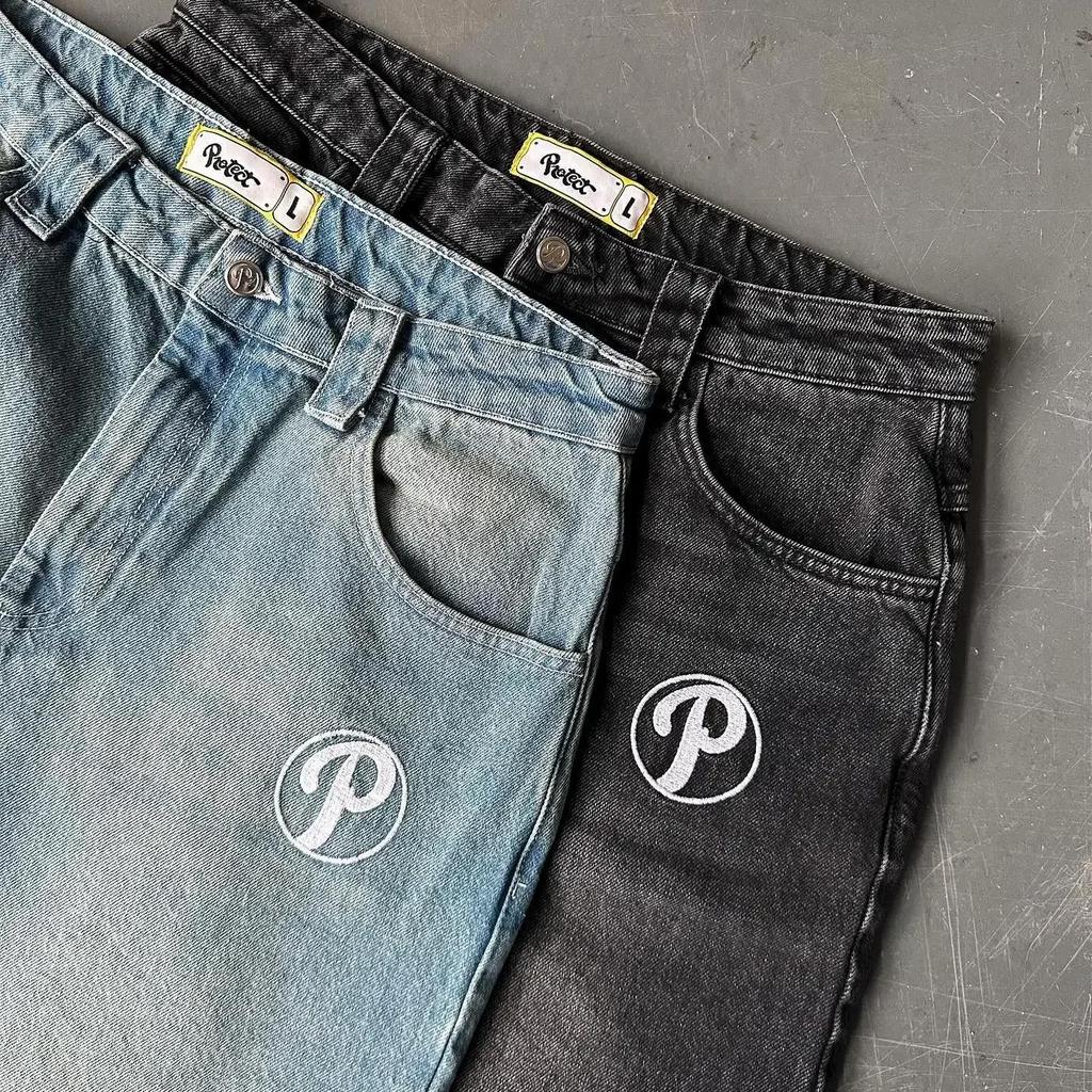 Streetwear Jeans Y2K Mens Pants Harajuku Hip Hop Letter Embroidery Vintage Blue Baggy Jeans High Waist Wide Leg Trouser