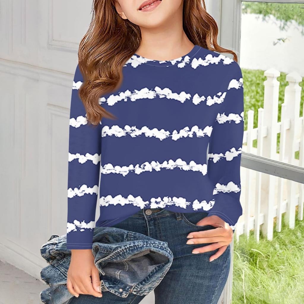 New Loose Round Neck Long Sleeve Tie Dye Striped Style Children T-Shirt Autumn Plus Size Female Fashion Casual Tee Top Clothing