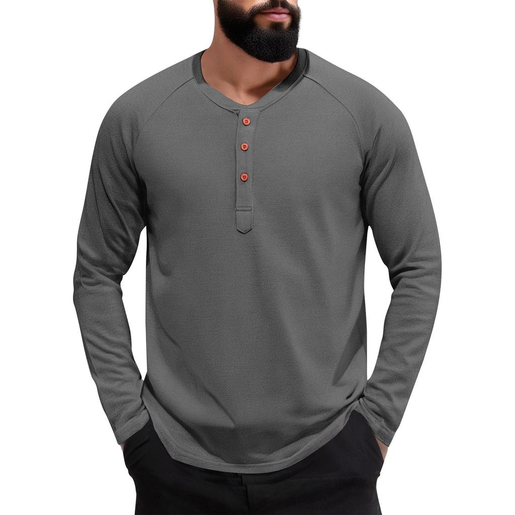 Men's Solid Color Slim-Fit Collar Button Casual Long-Sleeved Top