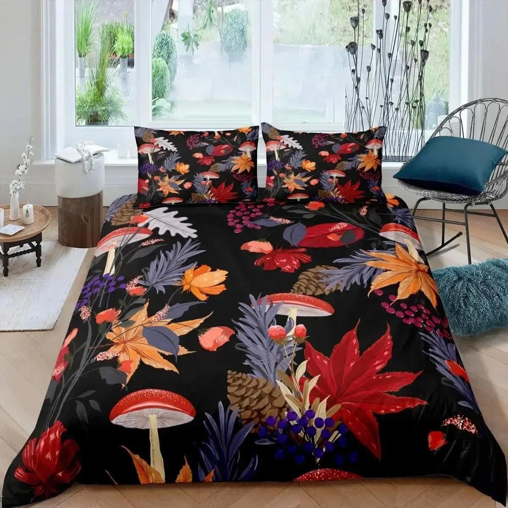Maple Leaves Duvet Cover Set Colorful Autumn Season Maple Leaves In Unusual Designs Nature Print King Size 3D Bedding Set