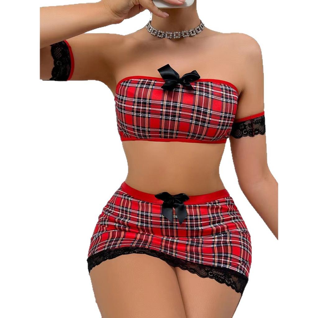 Sexy plaid maid outfit European and American college style tube top skirt suit uniform seduction lingerie