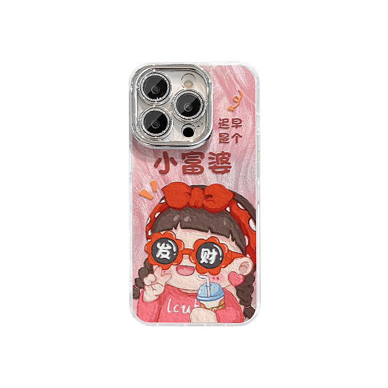 A Rich and Rich Woman Is Suitable for Apple 16pro Feather Yarn Mobile Phone Case 15 Cute Oil Painting 14 Full-inclusive Lens Film 13/12