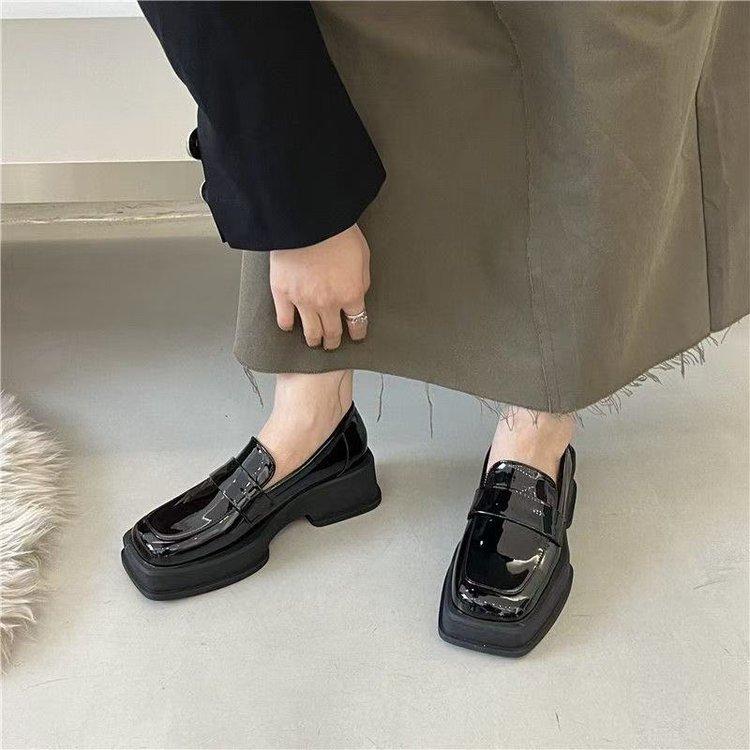 Retro Thick-soled Square-toe Women's Loafers Black British Style Versatile Spring Single Shoes Small Leather 2025