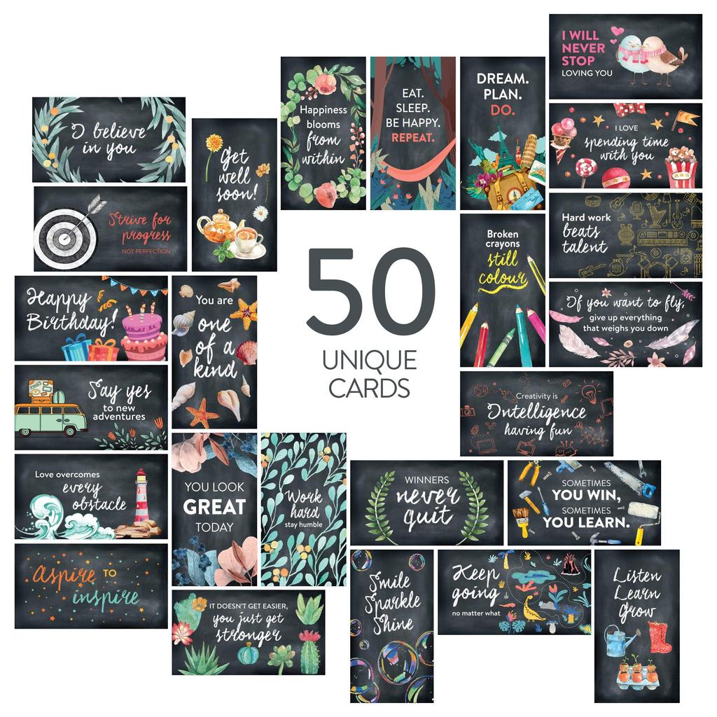 DIVERSEBEE Sada 50 různých inspirativních karet, motivujících, laskavých, mini poznámkových bloků, povzbuzujících všímavost, afirmačních karet s 50 jedinečnými citáty