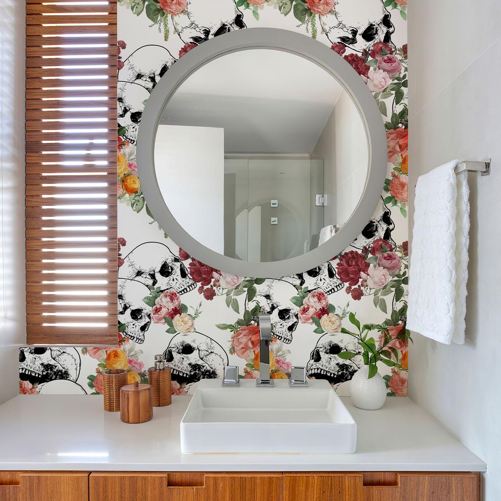 White Skull Rose Vinyl Wallpaper Chic Halloween Peel And Stick Flower Wall Decor Festival Self Adhesive Cabinet Sticker