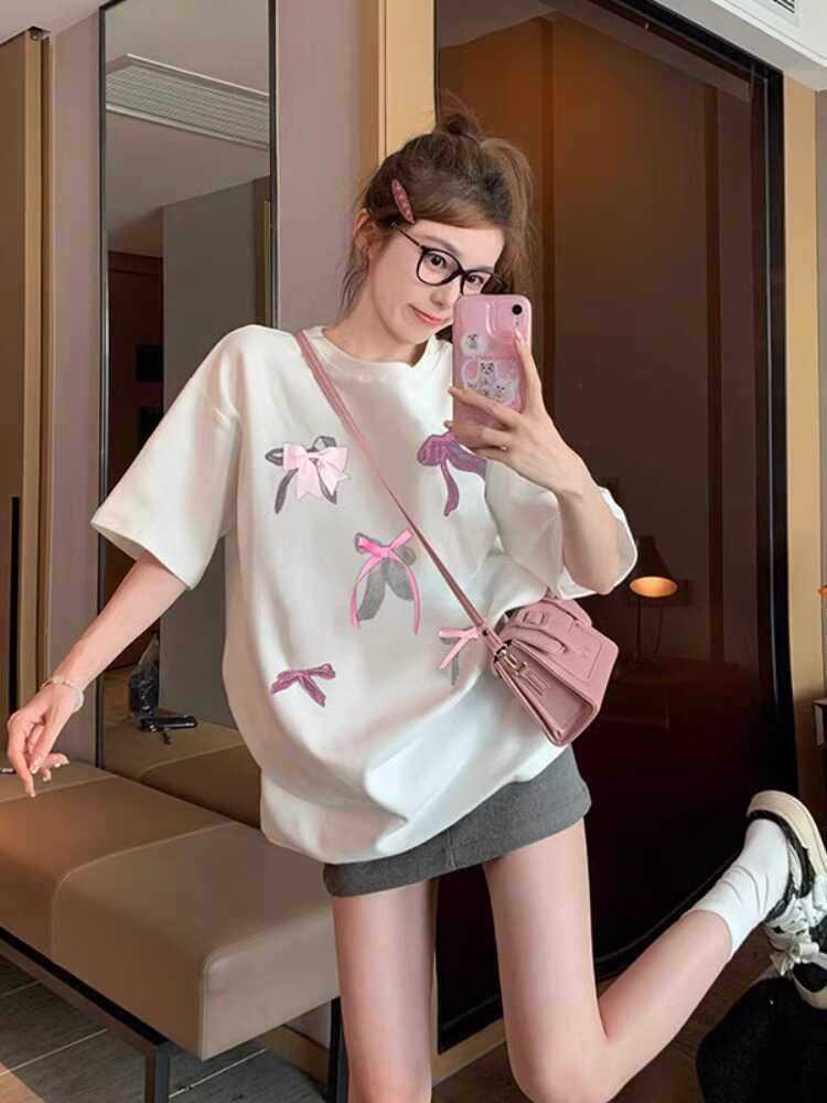 Plus Size Korean Cotton Bow Print Short Sleeve T-shirt for Women - Sweet, Loose, Versatile Slimming Summer Top