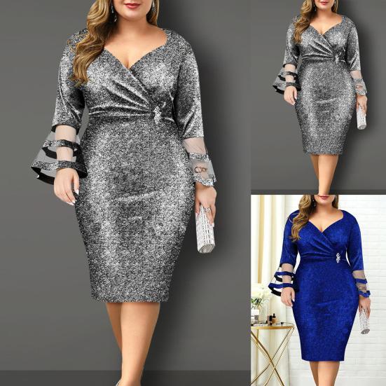 Formal Dress Shiny V Neck Mesh Patchwork Elegant Women Bodycon Dress