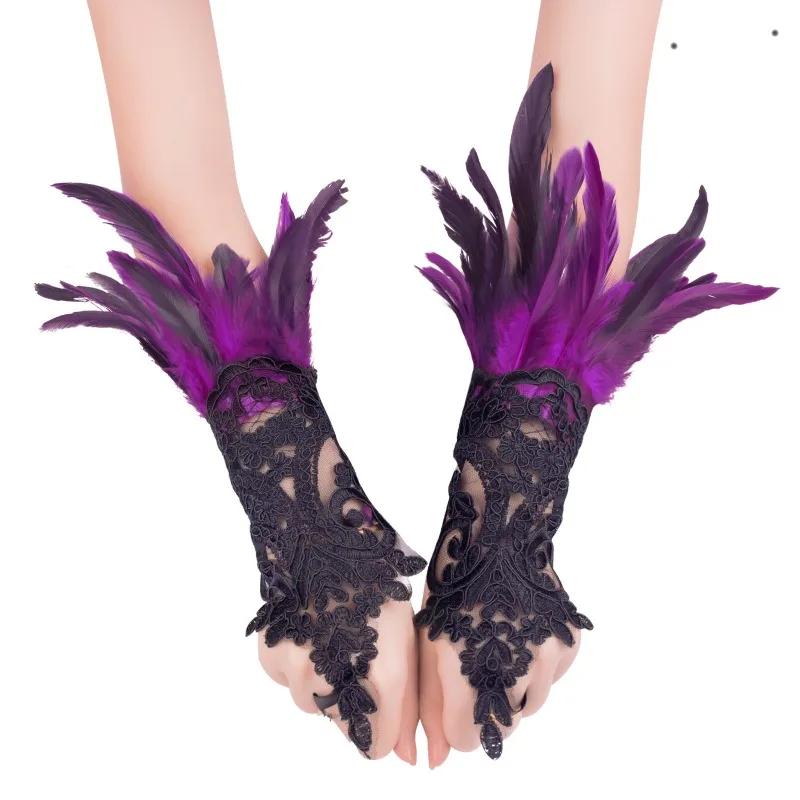

Sexy Feather Lace Long Gloves Gothic Mesh Sleeve Wedding Gloves Halloween Party Cosplay Wedding Stage Dance Performance Gloves One Size