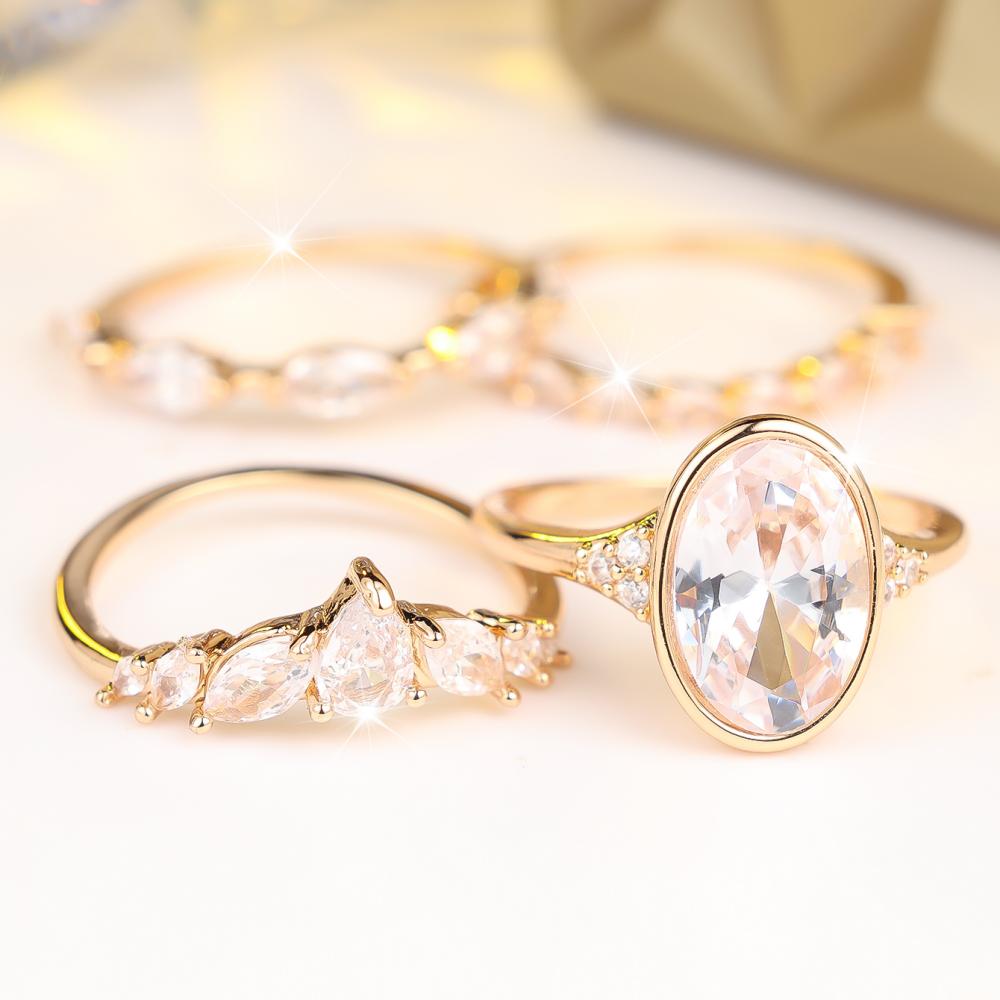 Exquisite Four Pieces Oval Zircon Ring Set for Women Fashion Jewelry Gift