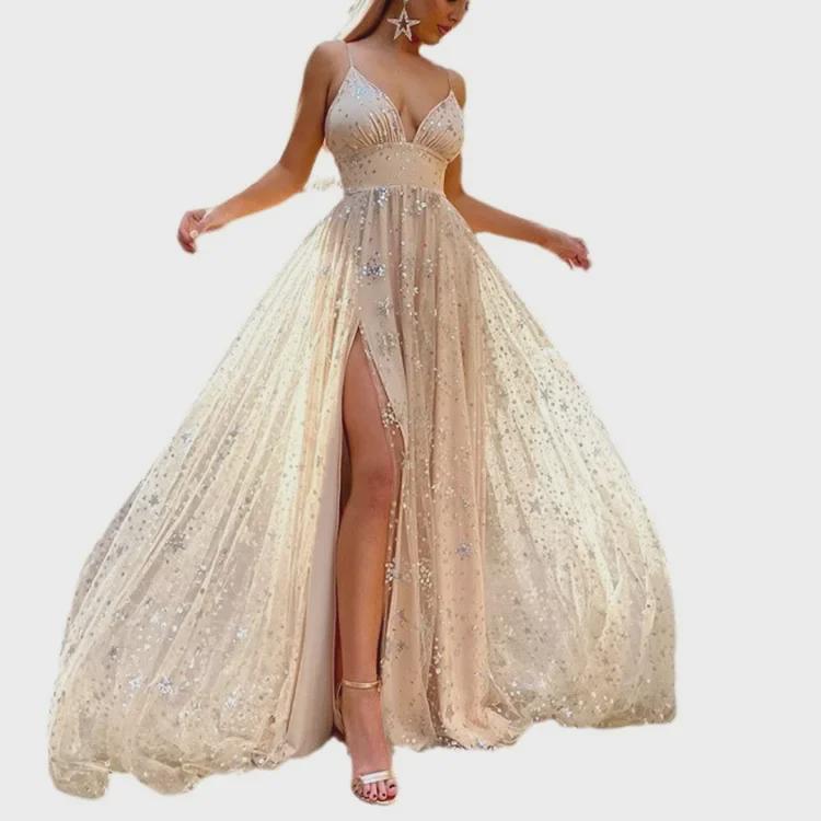 2025 Sparkling Slit Suspender Maxi šaty