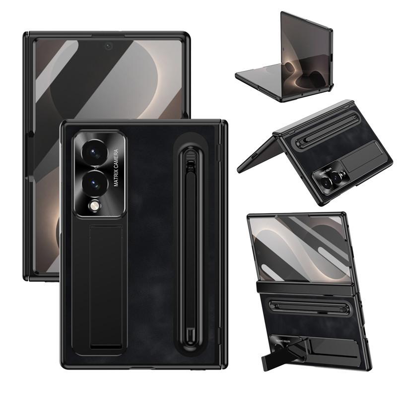 For Samsung Galaxy Z Fold 8 Bracket Holder With S Pen Slot Screen Glass Case For ZFold 8 Fold8 Hinge Protection Leather Cover