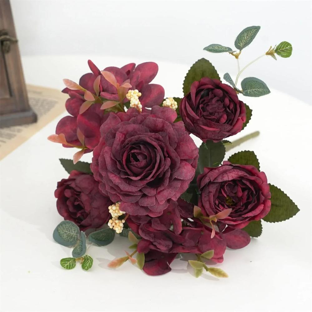 

Peonies Artificial Flower Burgundy Silk Rose Bouquet Hydrangea Peony Vintage Wedding Bride Bouquet Fake Flower Home Decoration