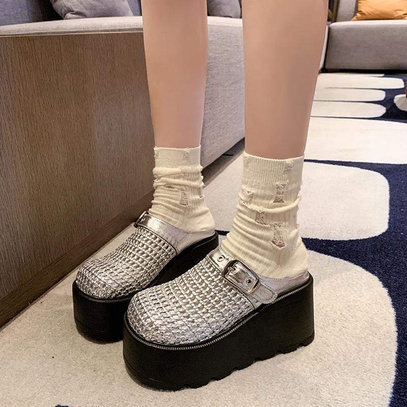 Fashion New Women's Platform Slip-On Sandals Thick Sole 8.5CM High Heels Summer Weave Leather Breathable Outdoor Walking Slippers