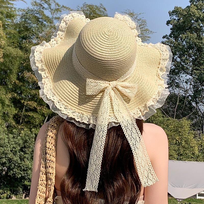 Summer Bow Sun Hat Female, Seaside Beach Vacation Sun Hat Outdoor Big Brim Sun Hat Sweet Straw Hat