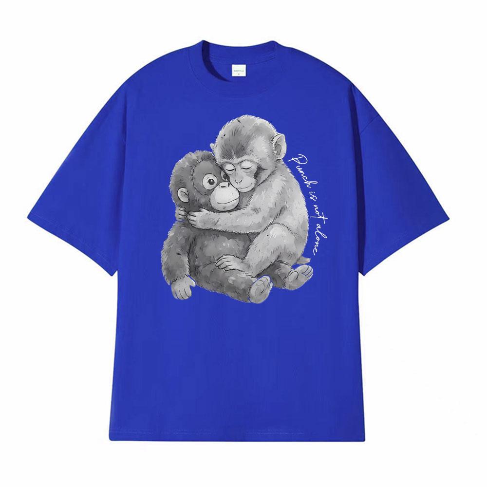 Punch Monkey Hug Is Not Alone Graphic Tshirts Men Women Clothing Vintage Fashion Cotton Tshirt High Quality T Shirt Streetwear