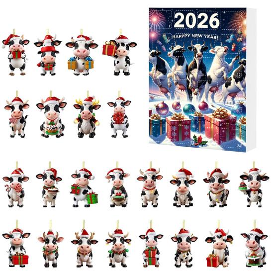 Collectible Christmas Figurines for Enthusiasts Cow Ornament Advent Calendar 2026, 24 Days 2D Acrylic Hanging Pendant Portable Decorations Home