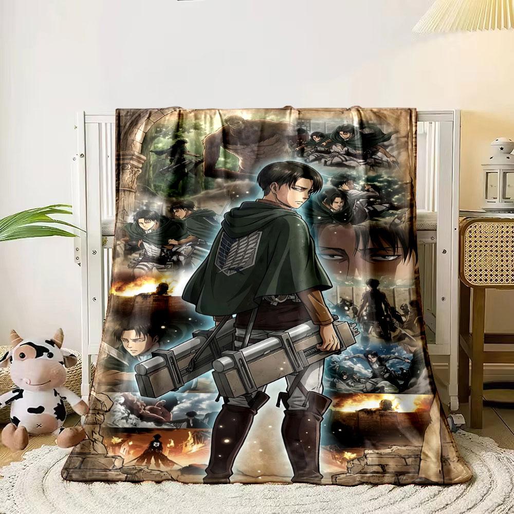 A Character with Gear Faces Dynamic Battle Scenes and Towering Titans. for All Seasons Blanket Lunch Break Throw Gift