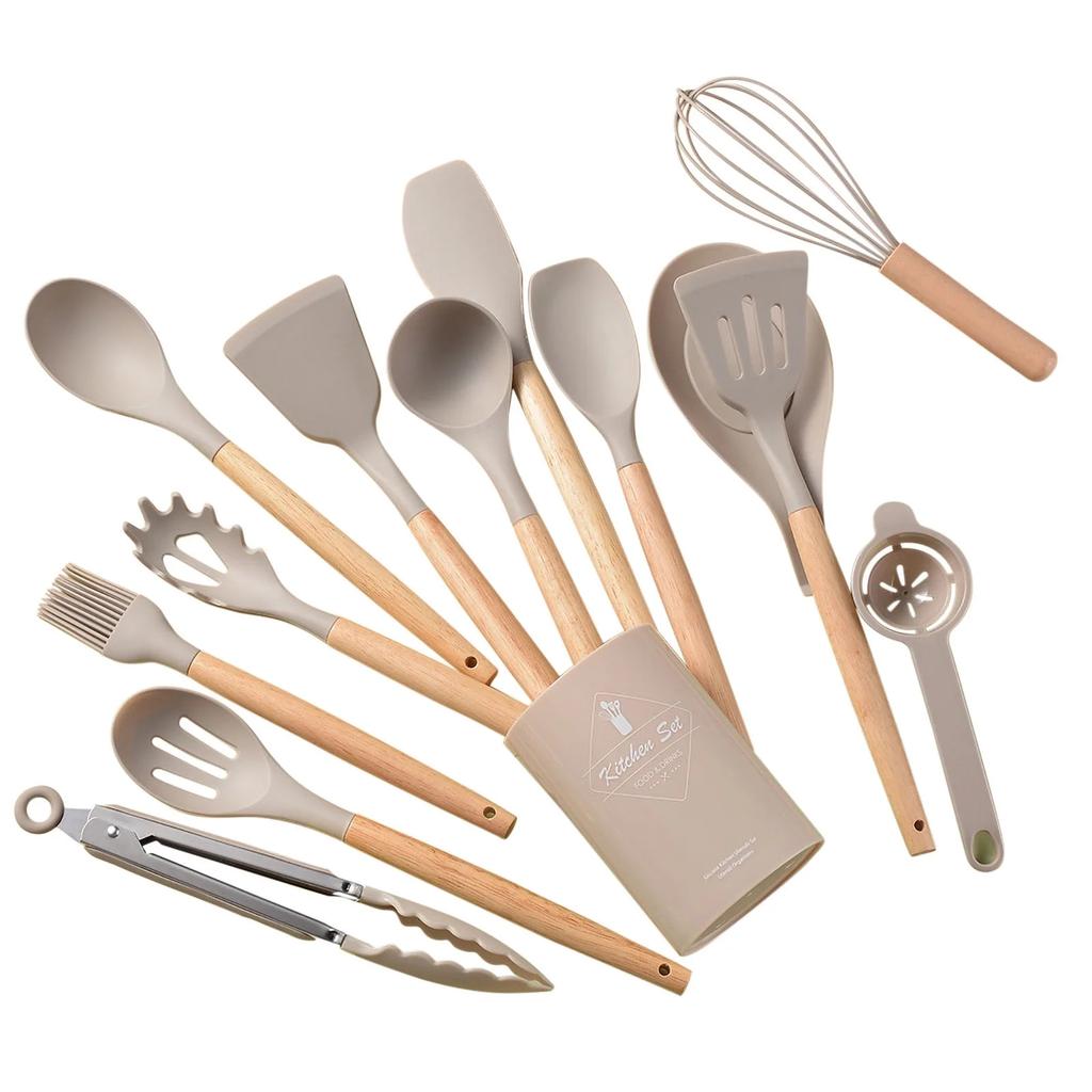 Silicone Kitchen Utensil Set Cooking Spatula Spoon setBaking Tools 14pcs Khaki