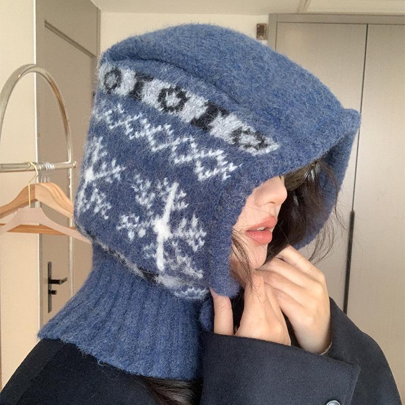 Snowflake Balaclava Hat for Women Autumn and Winter New Knitted Hat Warm Neck Scarf Integrated Ear Protection Woolen Hat