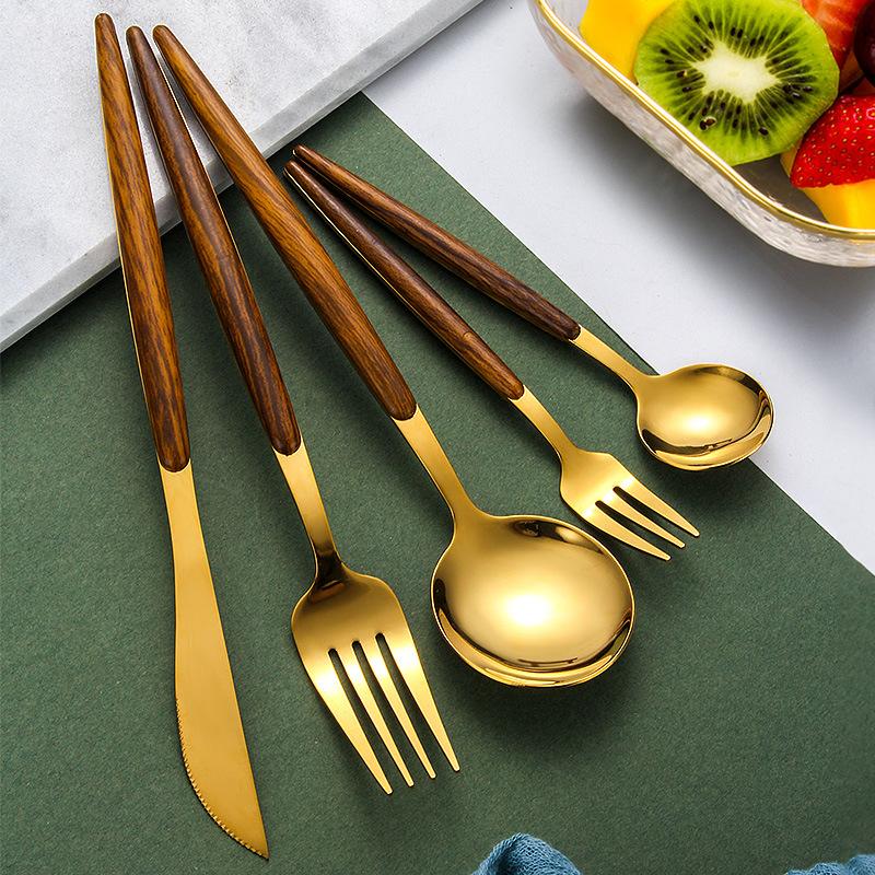 Ins Gold Tableware 430 Stainless Steel Knives, Forks and Spoons Set Imitation Wood Western Food Steak Knives and Forks