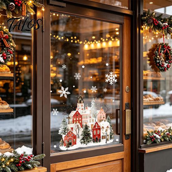 Decorative PVC Stickers Christmas Static Window Clings, Snowy Town House Snowflake Glass Decals, Reusable Winter Wonderland Film Xmas Stickers,