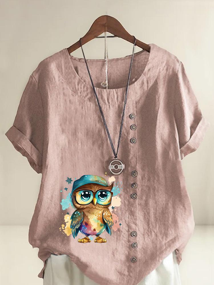 Women's Fashion Cool Owl Print Round Neck Short Sleeve T-shirt Casual Cotton Linen Graphic Shirt Leisure Loose Summer Blouse Tops