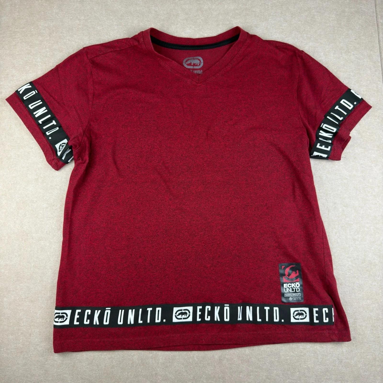 Ecko Unltd Mens V-Neck T Shirt Large Red Logo Tape Streetwear Tee S