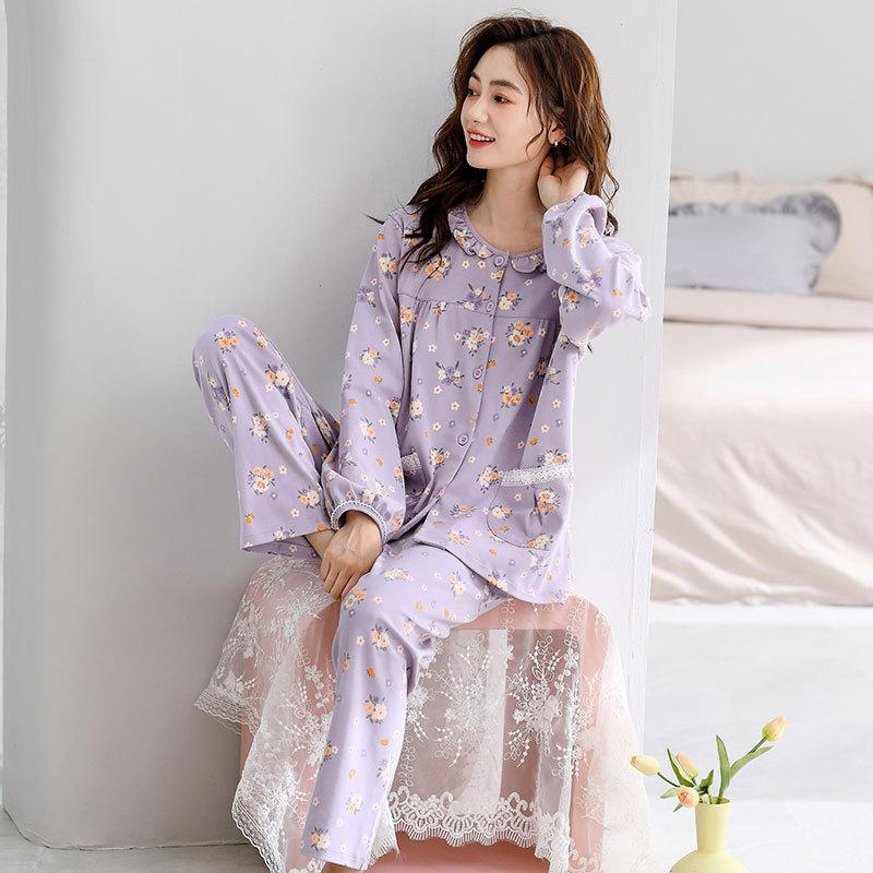 Pajamas Women'S Pure Cotton Long-Sleeved Medium Cotton Crew Neck Cardigan Loungewear