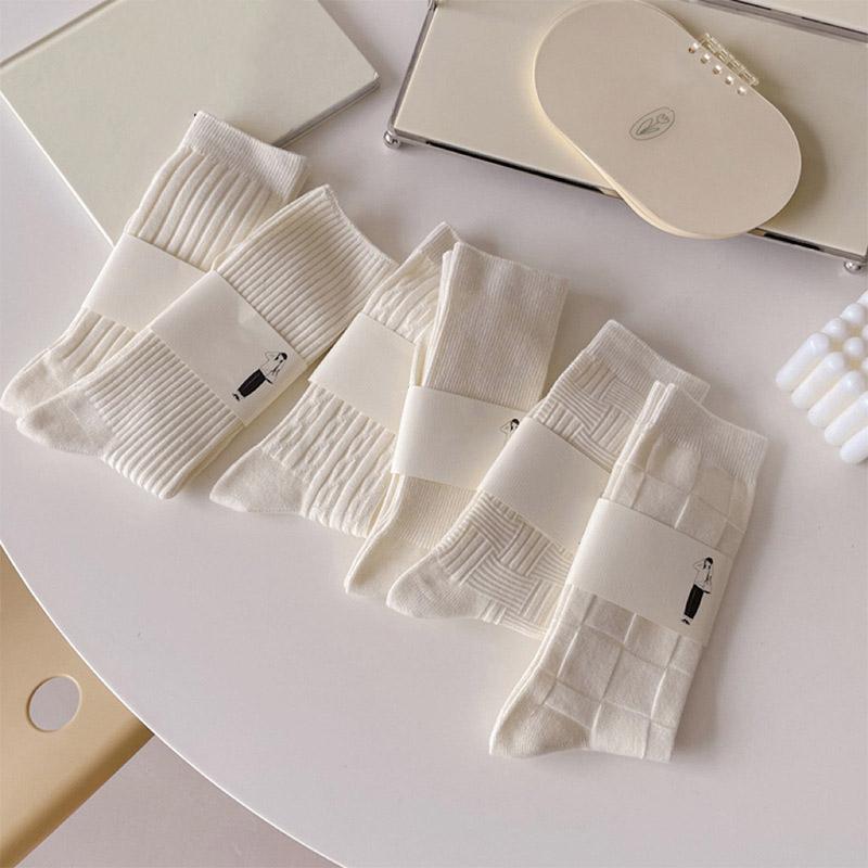 Women's Socks White Breathable Casual Japanese Style Crew White Socks Simple Basic High Quality Ladies Plain Socks Striped Girl