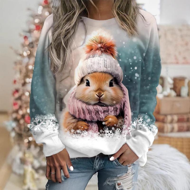 Nueva Camiseta De Manga Larga Con Cuello Redondo Y Bonito Conejito De Navidad Con Estampado Digital 3D De Europa Y América