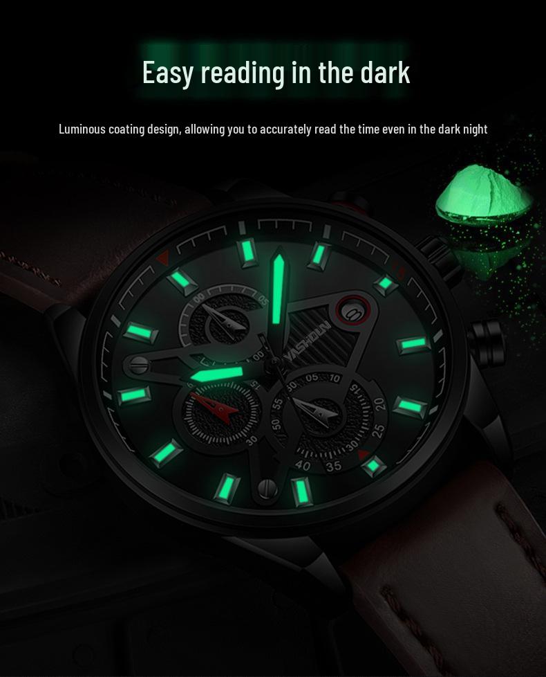 YASHIDUN Men's Multifunctional Luminous Waterproof Leather Watch