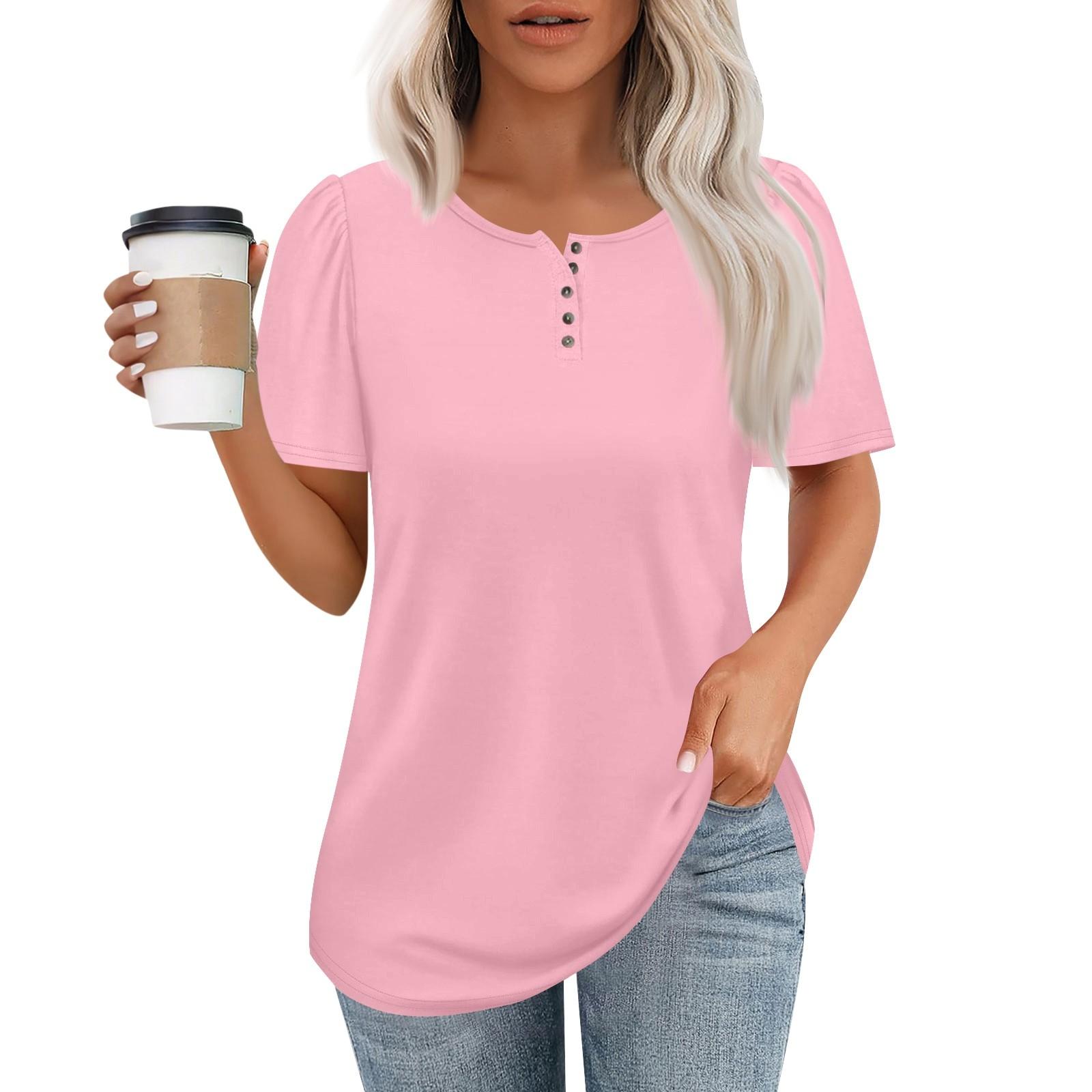 

Женский модный повседневный короткий рукав пуловер с принтом на пуговицах и круглым вырезом XL розовый