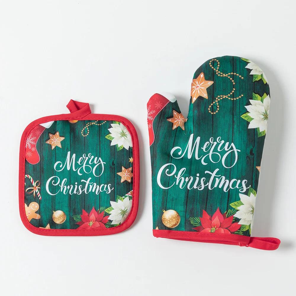 Christmas Microwave Oven Gloves Set Kitchen Household Anti-scalding Baking Christmas Gloves Thickened Insulated Oven Gloves