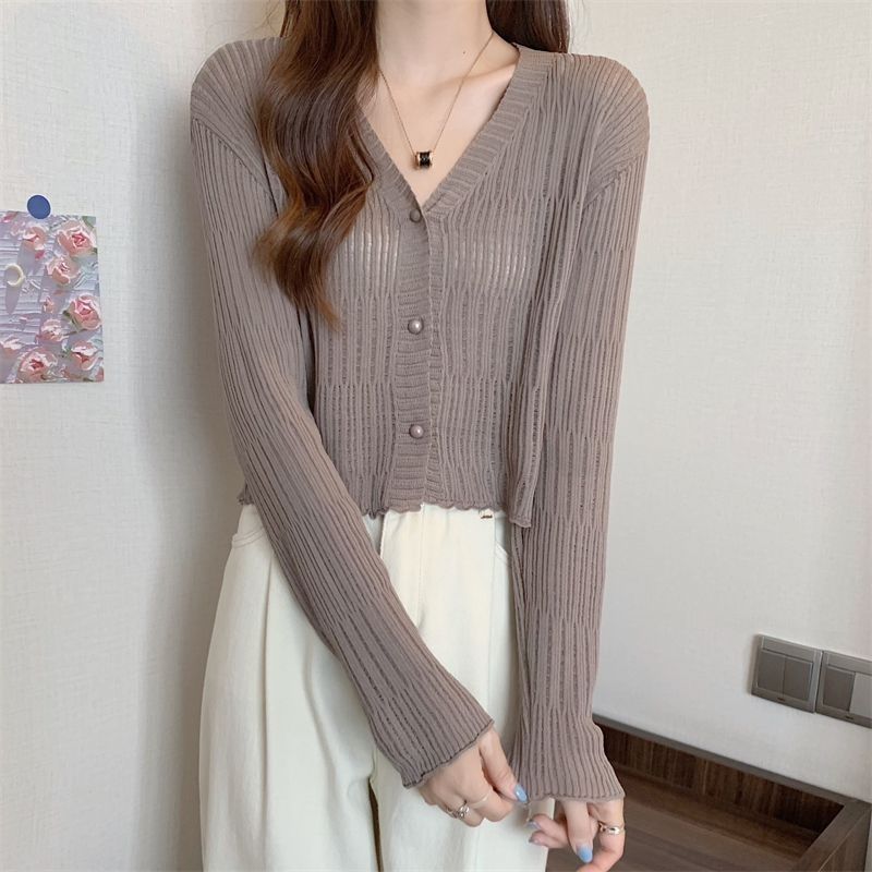 Ice Silk Sun Protection Cardigan Women's Summer Thin Long Sleeve Outer Cover Up French Knit Hollow Out Top Short Coat