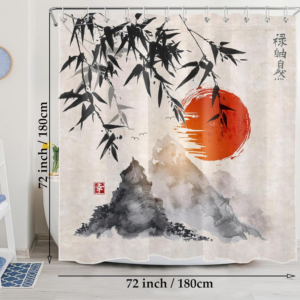 Japanese Shower Curtain Black Bamboo Bath Curtain Red Sun and Mountains Asian Ink Painting Anime Bathroom Curtain Set with