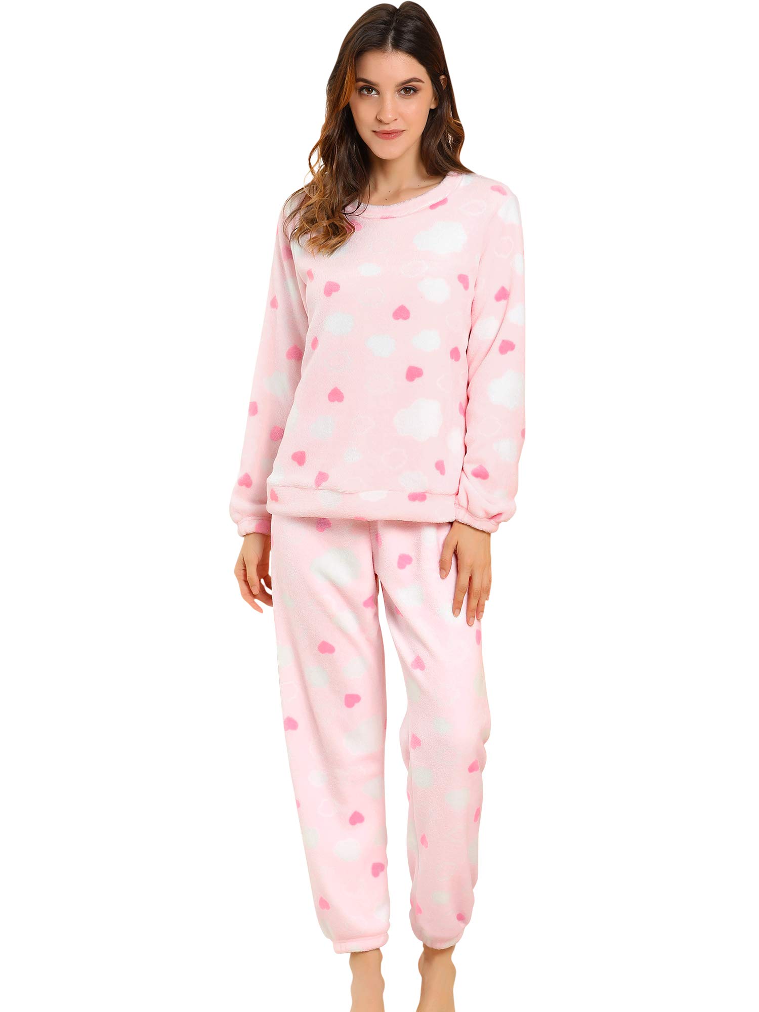 

Allegra K Fluffy Flannel Winter Long Sleeve Top and Bottom Heart Size L Women s Pajamas, Loungewear, Set, Print, Pink,